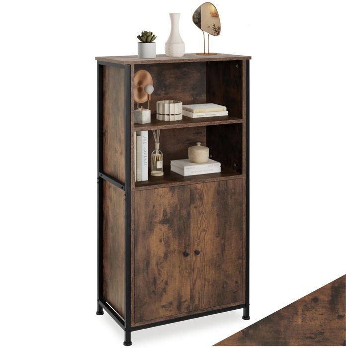 Buffet - TECTAKE - Buffet DONCASTER en acier et bois avec étagères et portes magnétiques 60 x 38 x 125 cm - Bois foncé