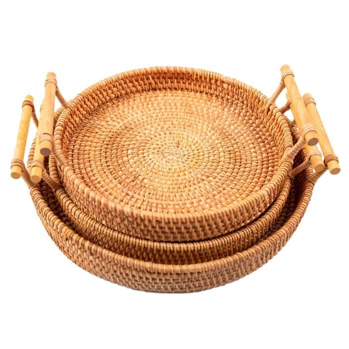 Plateau De Rangement Panier En Osier, Rond, Décoratif, Plateau De Service Avec Poignées