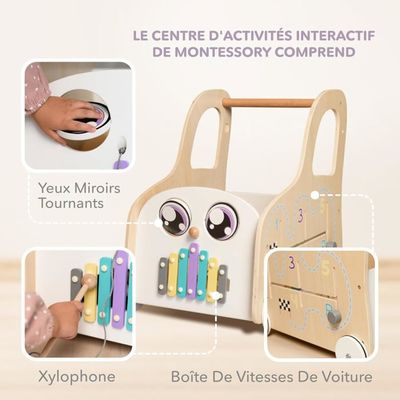 Chariot En Bois Cateam – Trotteur Montessori Avec Tableau D'activités, Xylophone, Trieur De Formes, Dès 1 An