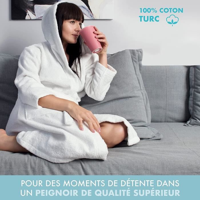 CD SIZE XS Peignoir de Bain Femme 100 Coton avec Capuche Certifie OEKO TEX Robe de Chambre Eponge 2 Poches Ceintur 190 Cdiscount Maison
