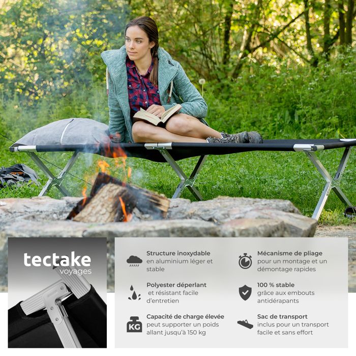 Lit De Camp Pliant Pour Adulte – Avec Matelas Et Sac De Transport – Gris (Neuf)