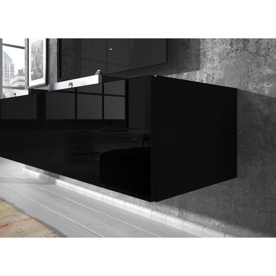 Meuble Tv Flottant Rocco 160 Cm Corps Mat Noir Portes Noir