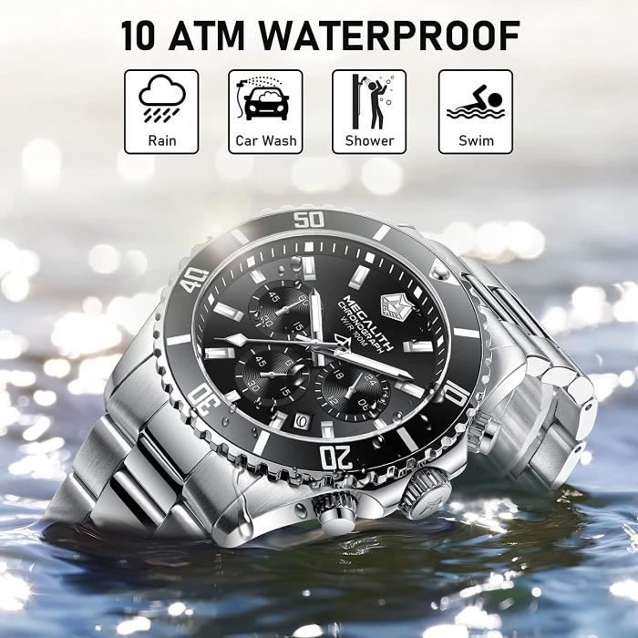 MEGALITH Montre Homme Etanche 10 ATM Acier Inoxydable Solide
