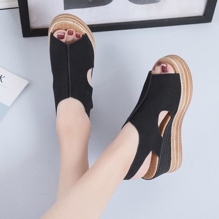 SANDALE NU PIEDS Plate forme pour femmes a sangle de bouche poisson fond epais chaussures decontractees talon incline Noir
