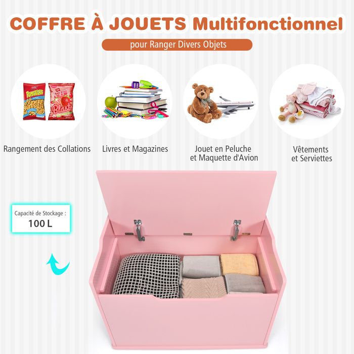 AIYAPLAY Coffre à jouets enfant en bois avec couvercle rabattable, motif animal, coffre de rangement enfant avec charnières de sécurité, pour salon, salle de jeux, chambre d'enfant, rose