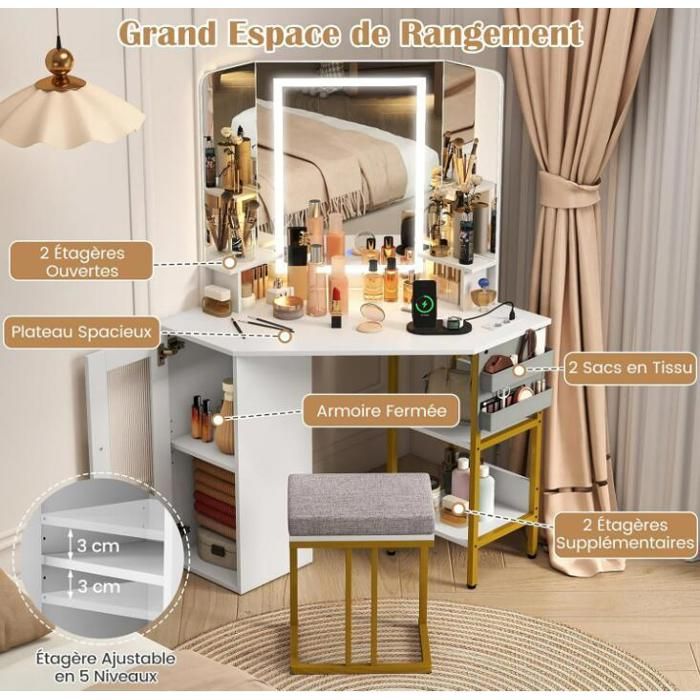 RELAX4LIFE Coiffeuse avec Mirroir LED et Tabouret|Miroir Pivotant à 360