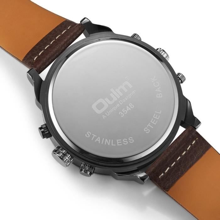 OULM 3548 Men 2 Movement Big Round Shape Case Leather Strap Quartz