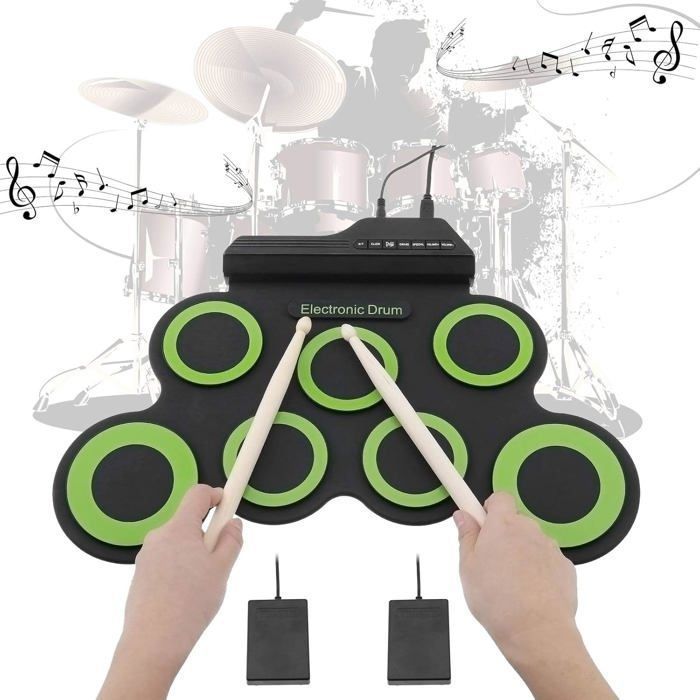 Batterie électronique CNAPXAIA 9 Pads Avec Haut-parleurs Stéréo - Pliable, Portable, Avec Baguettes Et Pédales, Idéale Pour Enfants Et Débutants Batterie Enfant