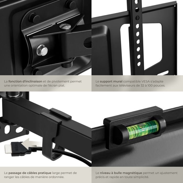 Barkan Longueur 102cm Support TV Mural pour écrans 13-83 Pouces, Inclinable et orientable, Mouvement Complet, Poids Max. 50Kg, Extra Extensible, pour LED OLED LCD, jusqu'à VESA 600x400