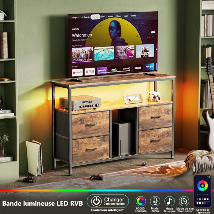 Meuble TV Bas avce LED, Meuble TV Industriel avce avec 4 tiroirs ...