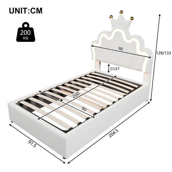 Lit Enfant Princesse Couronne 90x200 Cm Rembourré Velours Rose Avec LED Et Tête Réglable