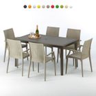 GRAND SOLEIL Table rectangulaire 6 chaises Poly rotin resine 150x90 marron Focus, Chaises Modèle: Bistrot Arm Beige Juta