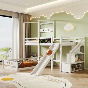 SOMMIER Lit enfant lit superposé avec planche et toboggan,escalier avec espace de rangement lit simple 90x200 cm