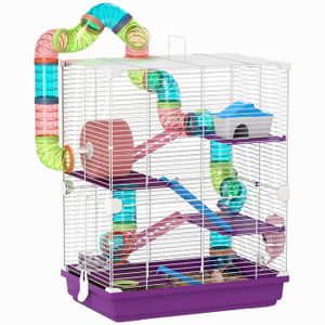 Cage pour hamster rongeur - PawHut - 4 étages avec tunnels mangeoire roue maison échelles - 46 x 30 x 58 cm - violet