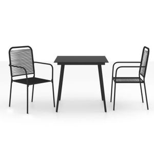 Ensemble table et chaise de jardin KAI  Mobilier à dîner d'extérieur 3 pcs Corde en coton et acier Noir