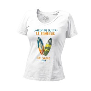 T-SHIRT T-shirt Femme Col V Surf - L'argent ne Fait Pas le Bonheur Sport Aquatique