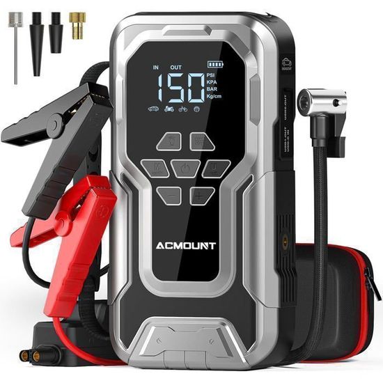 Booster Batterie Voiture 6000A Avec Gonfleur 160PSI - Démarreur Moteur Essence/Diesel Jusqu'à 10L, Batterie 27000mAh, Écran LCD - 7