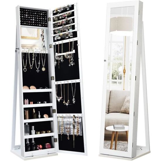 Armoire à Bijoux Avec Miroir Et Roulettes - 157 Cm, Rangement Organisé, Serrure, Couleur Noir/marron/blanc