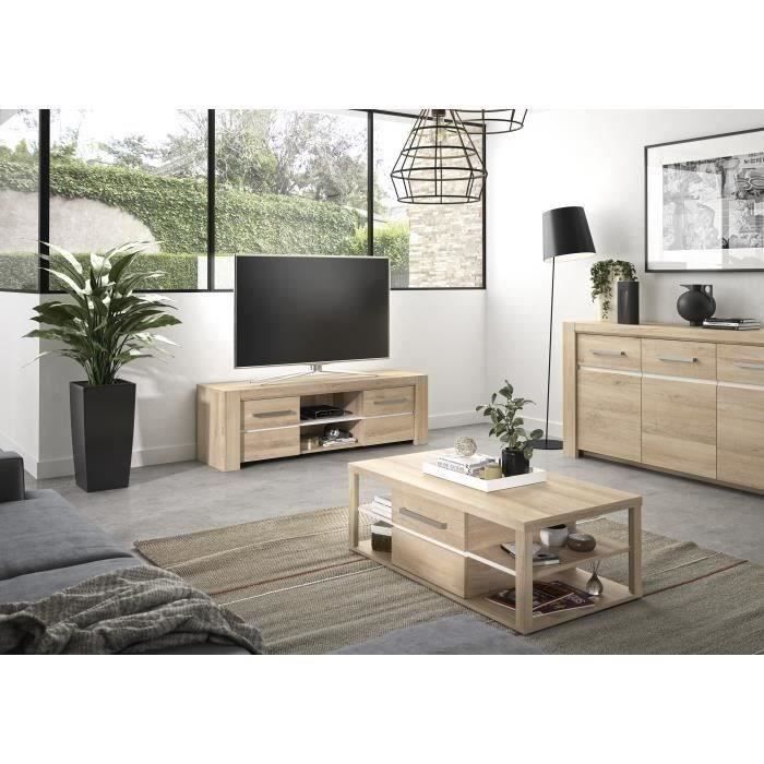 Meuble TV OLERON - 2 tiroirs - Décor chêne - Made in France - L 160 x P 45 x H 50 cm - GAMI Meuble TV OLERON - 2 tiroirs - Décor chêne - Made in France - L 160 x P 45 x H 50 cm - GAMI