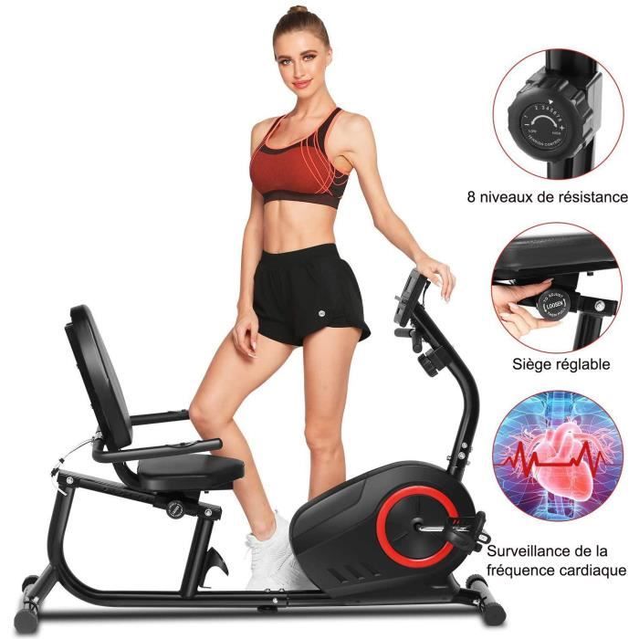 Vélo d'appartement semi-allongé Vélo Couché Magnétique-8 Niveaux de résistance Support de Tablette/Capteurs de Pouls-Noir-ANCHEER