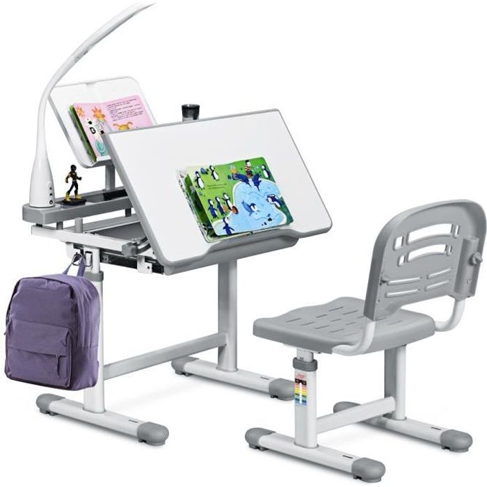 COSTWAY Ensemble Bureau et Chaise avec Lampe Enfants Inclinable 0-40° Hateur Réglable et Table à Dessin avec 1 Tiroir Gris