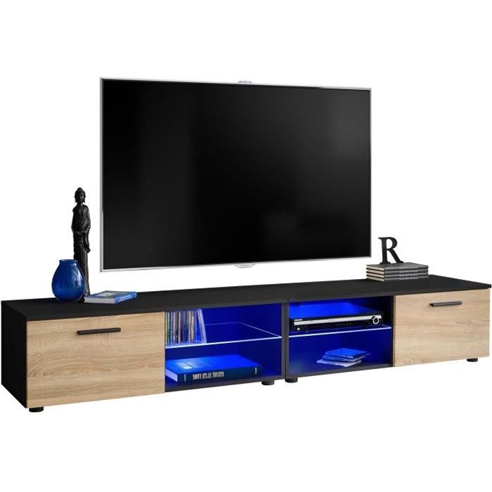 2 meubles TV avec une étagère en verre et une porte / Carcasse en Mat / Façades en Bois Mat / L(2x100cm) x H34.5cm x P45cm / Sonoma