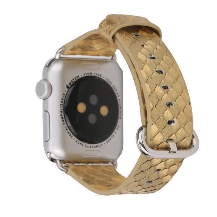 Trop Saint® Bracelet en Véritable Cuir de Python pour Apple Watch (42mm) avec Fermoir métallique, iWatch Wristband Strap - Doré
