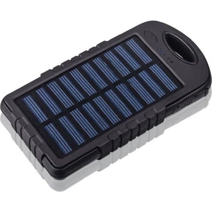 Batterie externe solaire 5000 MAH - étanche - 2 ports USB - lampe LED - Mousqueton - Powerbank - Noir