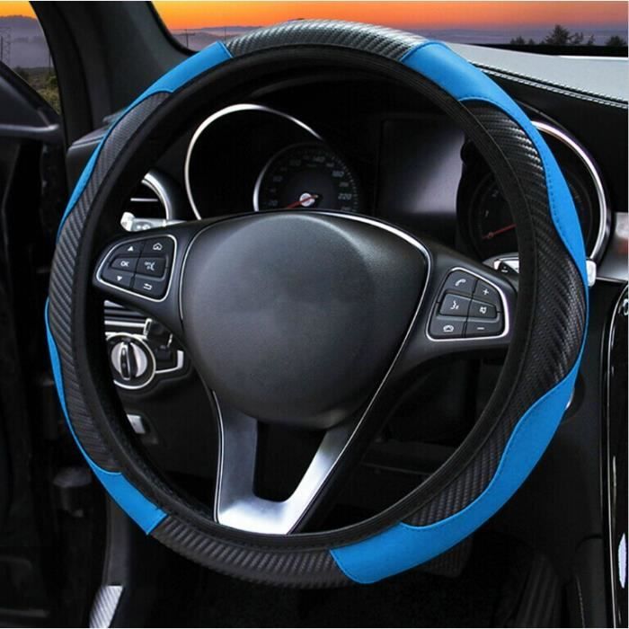 Couvre volant,Couverture de volant de voiture en cuir et Fiber de carbone, pour peugeot 307 206 308 3008 306 407 205 - Type Bleu