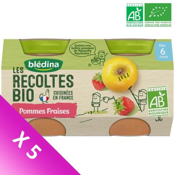 Blédina Les Récoltes Bio, Petits pots pour bébé Bio - Dès 6 mois - Pommes Fraises - Lot de 5 x 260 g