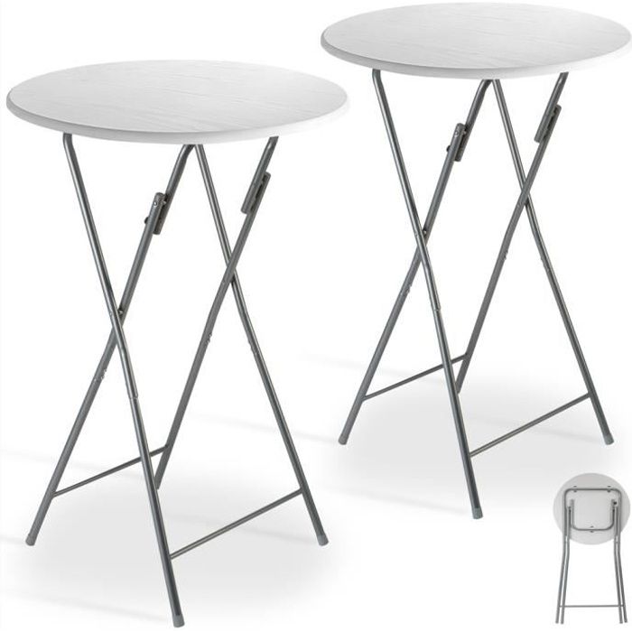 Set de 2 tables hautes pliables blanc Ø 60cm métal décor en bois plateau table MDF table de jardin bar bistrot balcon anniversaires