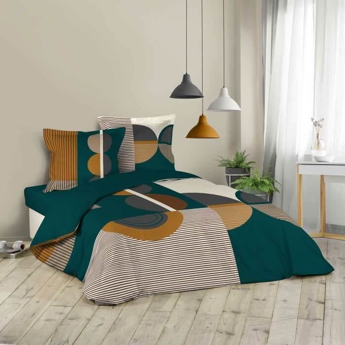 PARURE DE LIT 3 PIECES 240 x 220 CM IMPRIME 42 FILS DESSIN PLACE SIXTIES BLEU