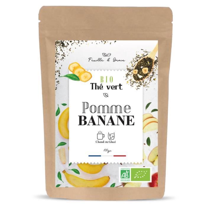 Pomme Banane - Thé Vert Aromatisé Bio - Fruit mélangé - Feuilles en Vrac - Plante naturelle pour Infusion de qualité - Poids 100 g