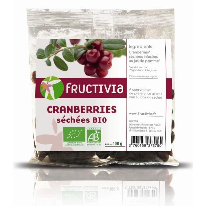 Cranberries canneberge bio séchées infusées aux jus de pommes FructiviaPoids net :200 g /