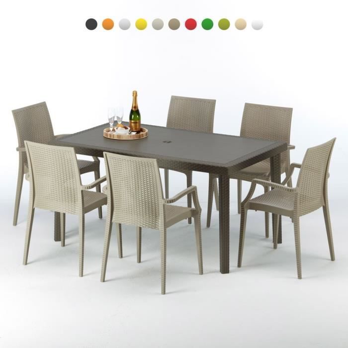 Table rectangulaire 6 chaises Poly rotin resine 150x90 marron Focus, Chaises Modèle: Bistrot Arm Beige Juta