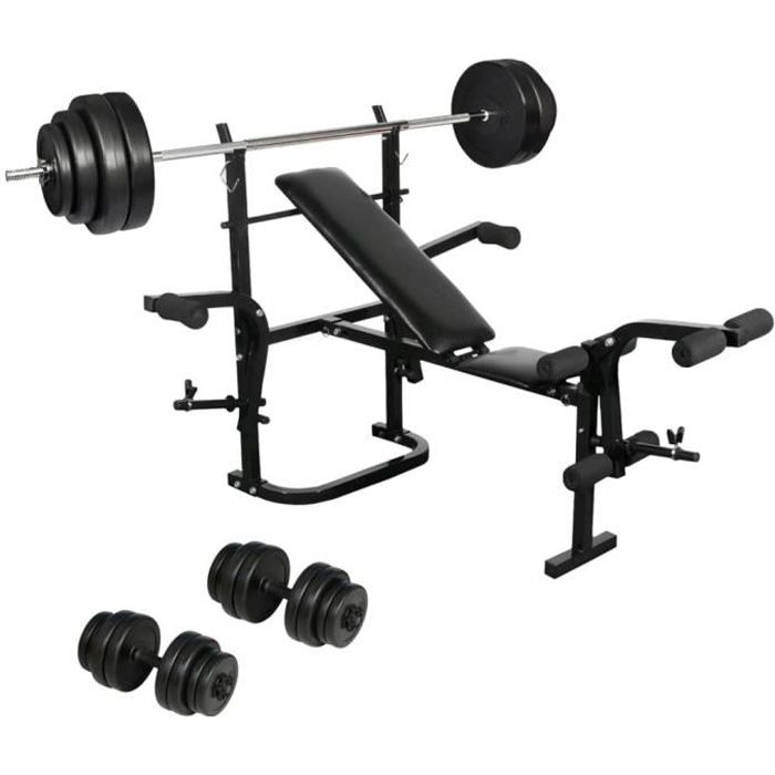 Banc de musculation Appareil de musculation complet avec Haltère long et Set d’haltères