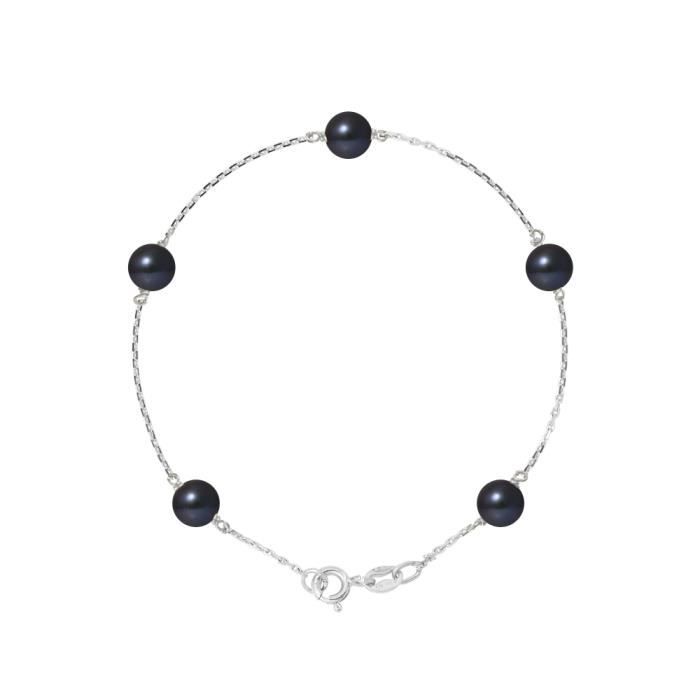 PERLINEA - Bracelet - 5 Véritables Perles de Culture d'Eau Douce Rondes 6-7 mm Black Tahiti - Argent 925 Millièmes - Bijoux Femme