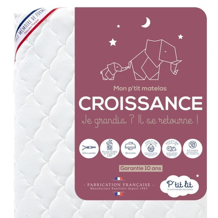 Matelas Enfant/Bébé 70x140 cm - Évolutif : face Mémoire de Forme(-9 mois)/face Mousse 23kg/m3(+ 9 mois) - Déhoussable Blanc