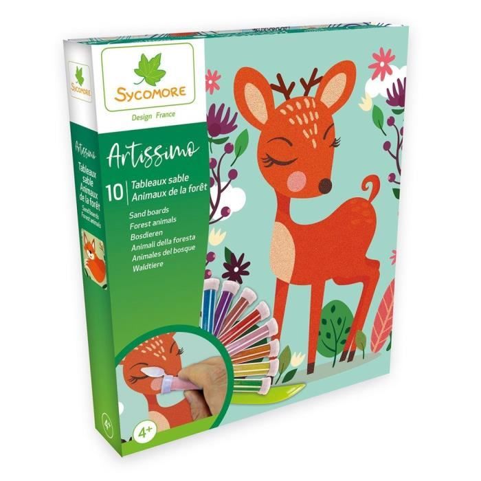 SYCOMORE Artissimo - 10 tableaux autocollants Sable Animaux de la forêt - A décorer avec du sable (8 tubes) - 1 spatule - 1 livret