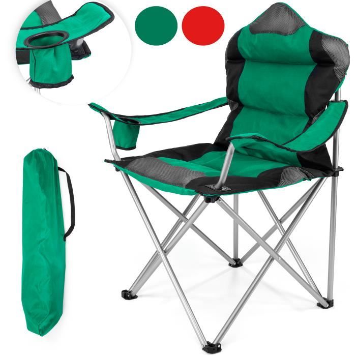 TRESKO Chaise de camping pliante VERT - jusqu'à 150 kg - chaise de pêche, avec accoudoirs et porte-gobelets