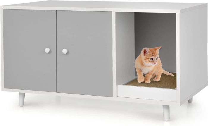 Meilleurs prix pour GOPLUS Maison de Toilette pour Chat en Bois Meuble Litière pour Chat Double Portes avec Grattoir à Chat, 90x50x50CM, Gris
