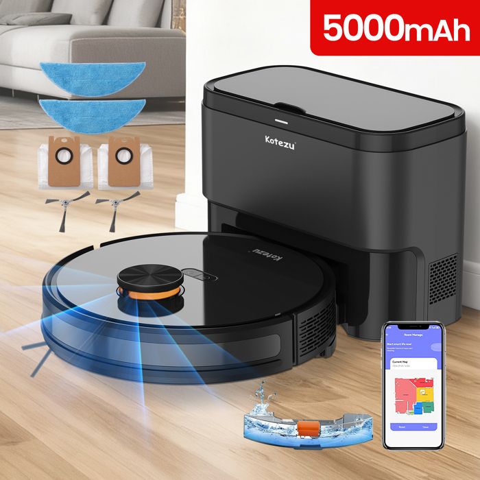 KOTEZU X8M - Aspirateur Robot Laveur avec Station 5000Pa / 5000mAh / 200min Navigation LiDAR avec Cartographie WiFi/APP/Alexa Noir - Kotezu