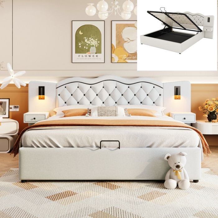 Lit coffre - LANGTU - Lit capitonné - 180x200 cm - Tissu imitation lin beige - Tête de lit LED USB coffre hydraulique