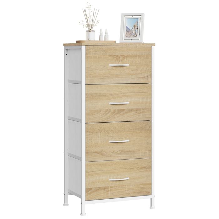 Commode WOLTU Meuble à 4 Tiroirs en Tissu Métal et Bois dIngénierie E1 Chêne Clair+Blanc W0ITT5037