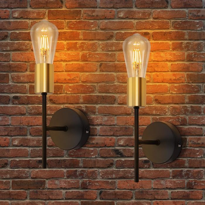 Homefire Applique murale dintérieur 2ER Noir-Or E27 Lampe de couloir industrielle rétro pour escalier