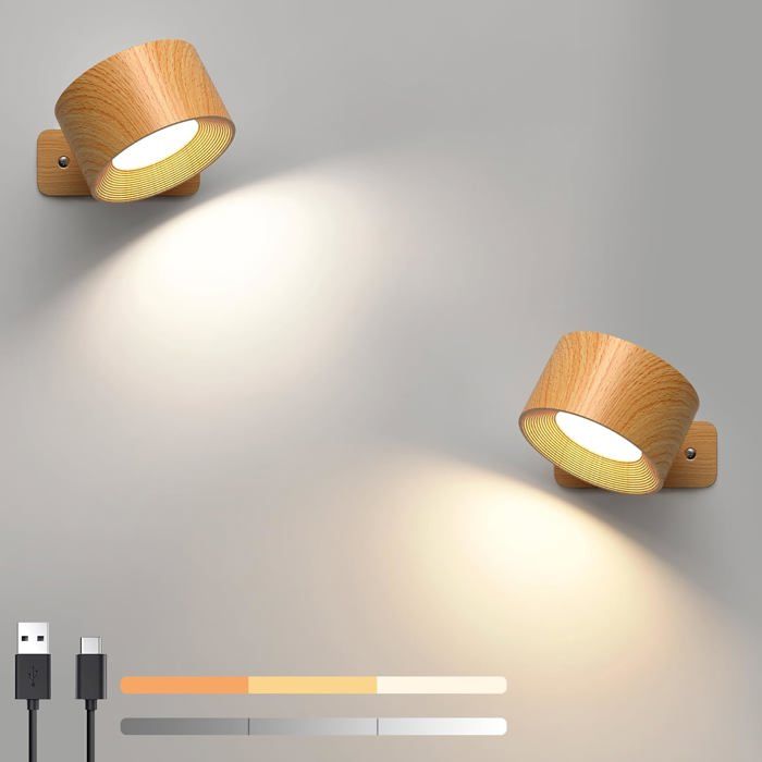 Lot de 2 appliques murales rechargeables rotatives à 360° tactiles et à piles 3 niveaux de luminosité et 3 modes de couleur