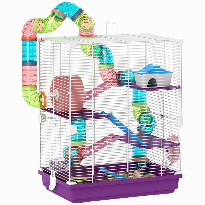 Cage pour hamster rongeur - PawHut - 4 étages avec tunnels mangeoire roue maison échelles - 46 x 30 x 58 cm - violet