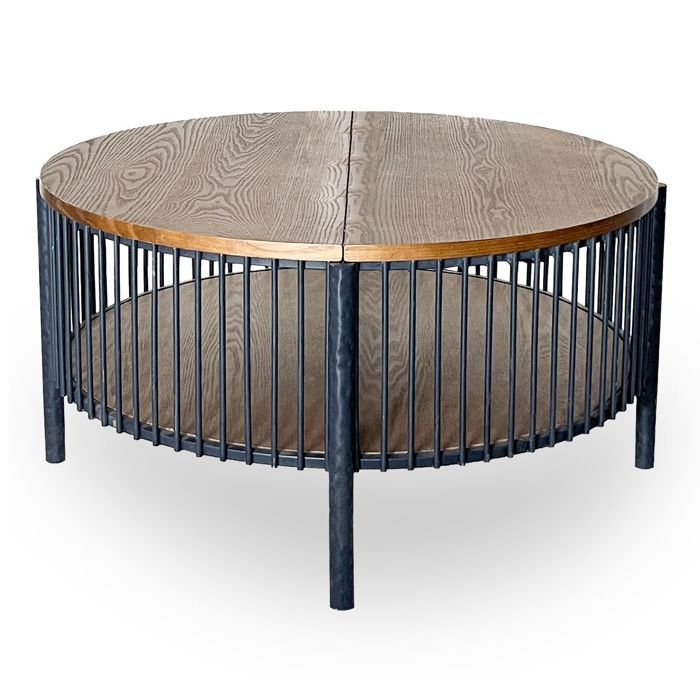 MENZZO Table basse ronde avec rangement L84cm Curcuma Bois et Métal mareté Noir