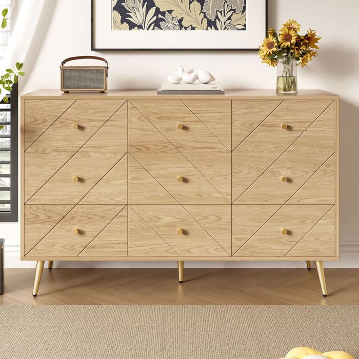 Commode 9 tiroirs moderne  Structure PB robuste pieds fer élégants motifs géométriques - Rangement pratique pour chambre salon