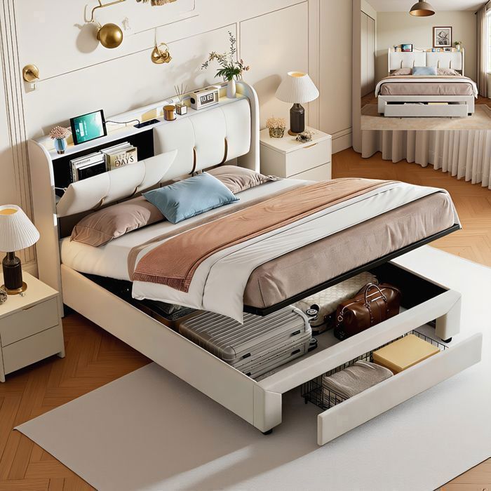 Lit coffre 140x200cm lit double capitonné avec 2 tiroirs et tête de lit rangement sous lit lit avec LED et USB Velours Beige